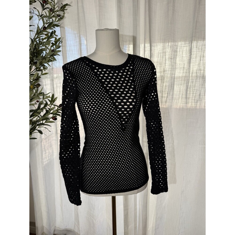 BCBGMAXAZRIA Womens Black Mesh Open Knit Top Size S Small Sheer Layering Shirt